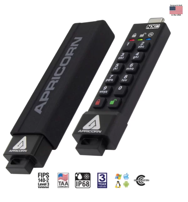 Apricorn Aegis Secure Key 3NXC 128GB | USB Flash Drive | Super Velocidade USB-C 3.2 Robusto | FIPS 140-2 256-Bits | Modo Administrador e Usuário Separados | Primeira Chave Flash Criptografada do Mundo
