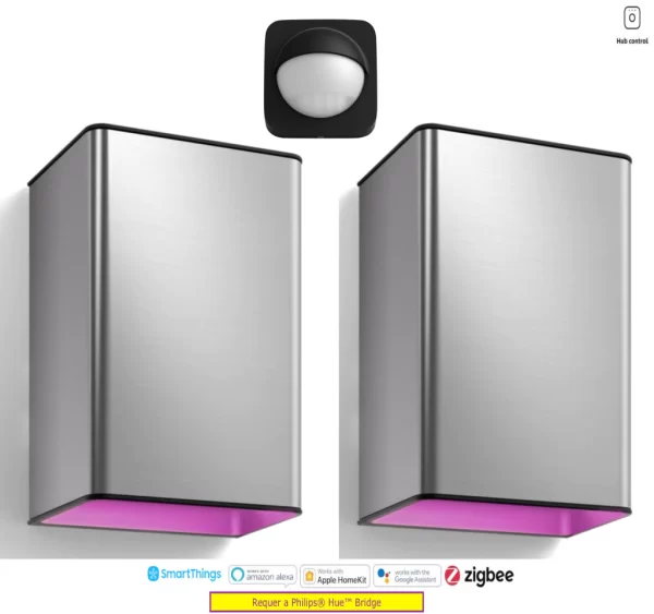 Philips Hue Resonate White and Color Ambiance | LED Smart Outdoor Wall Light | + Sensor de Movimento l Cor Inox | Feita de Aço Inoxidável | Luminária de Parede | Alto Fluxo Luminoso de 1.180 lumens | Brilha um Triângulo Afiado de Luzes | 16 Milhões de Cores | Compatível com a Alexa | Requer a Hue Bridge | Kit2