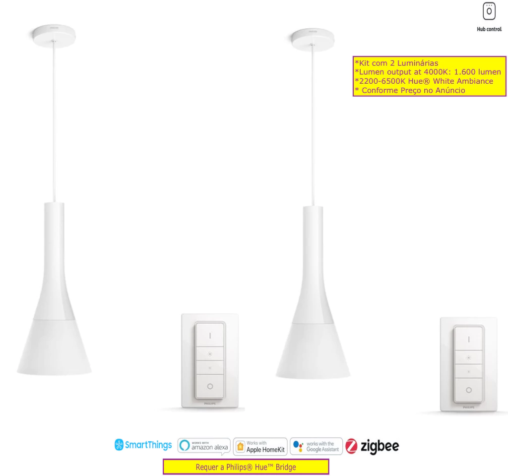 Philips Hue White Ambiance Explore l Smart LED Pendant l Luminária Inteligente Pendente l Alto Fluxo Luminoso de até 2.400 lumen l Copas, Cozinhas, Sala de Jantar, Escritório, Cabeceira l Compatível com Alexa, Apple Homekit & Google Assistant l Requer Hue Bridge - Imagem 2